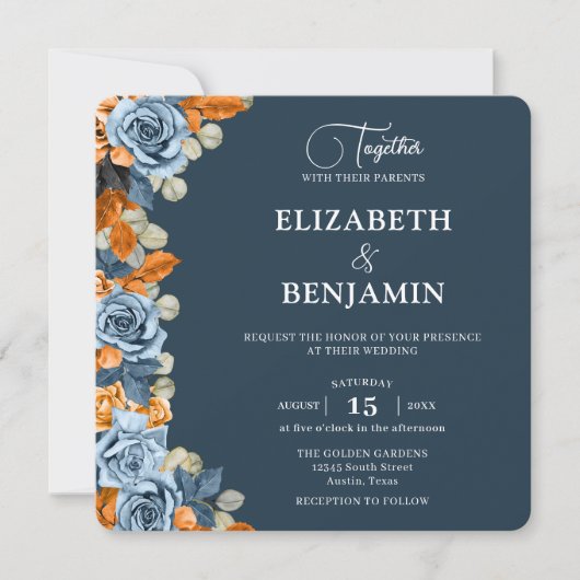 Elegante rustieke Boho marine en roest bruiloft Kaart (Voorkant)