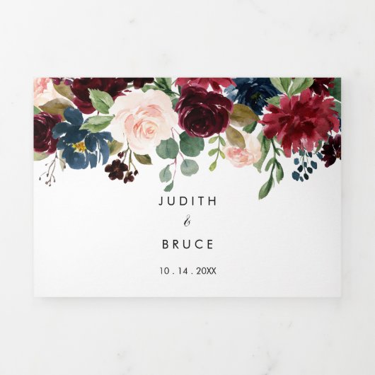 Elegante rustieke Bourgondische bruiloft Drieluik Uitnodiging (Cover)