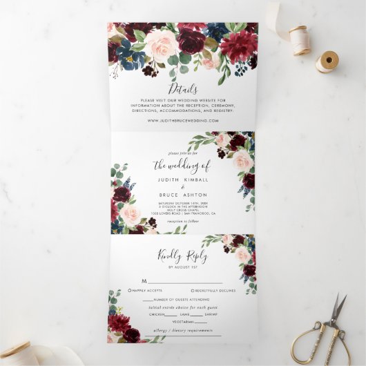 Elegante rustieke Bourgondische bruiloft Drieluik Uitnodiging (Binnen)