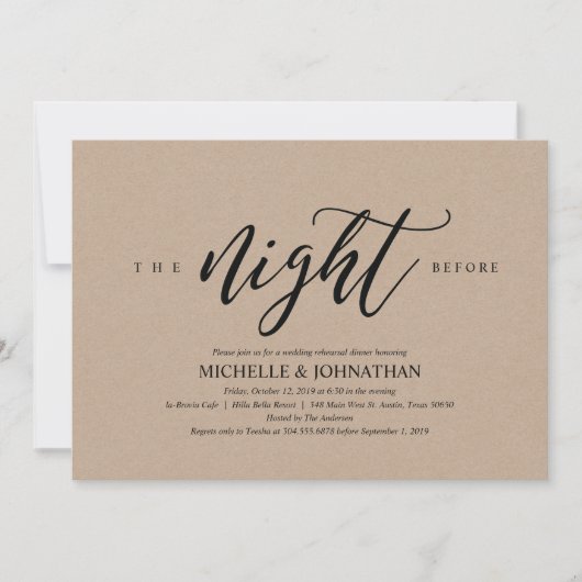 Elegante rustieke bruiloft repetitie diner nodigt  kaart (Voorkant)