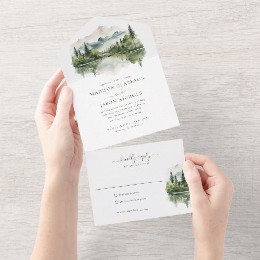 Elegante rustieke dennenberg landschap bruiloft all in one uitnodiging (Afscheurbaar)