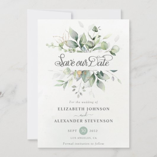 Elegante rustieke eucalyptus blad groen bruiloft save the date (Voorkant)