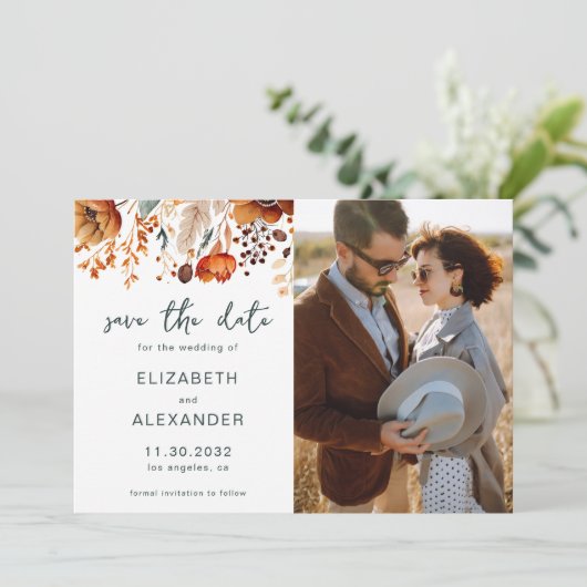 Elegante rustieke herfst bloemenbruiloft foto save the date (Staand voorkant)