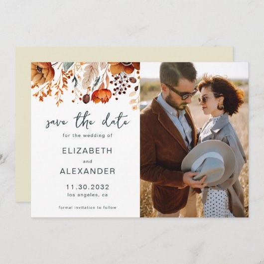 Elegante rustieke herfst bloemenbruiloft foto save the date (Voorkant / Achterkant)