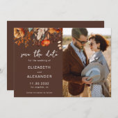 Elegante rustieke herfstbloem bruine trouwfoto save the date (Voorkant / Achterkant)