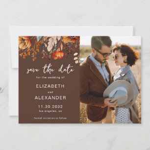 Elegante rustieke herfstbloem bruine trouwfoto save the date