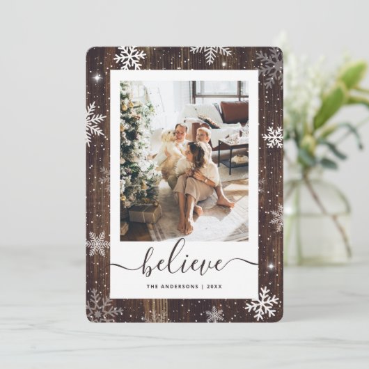 Elegante rustieke houten foto sneeuwvlok feestdagenkaart (Staand voorkant)