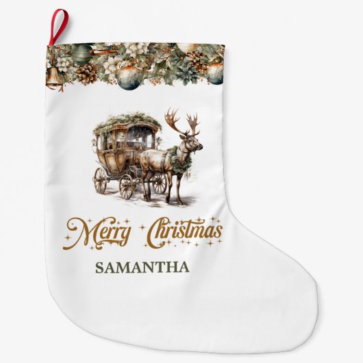 Elegante rustieke kerst rendieren en koets grote kerstsok (Voorkant)