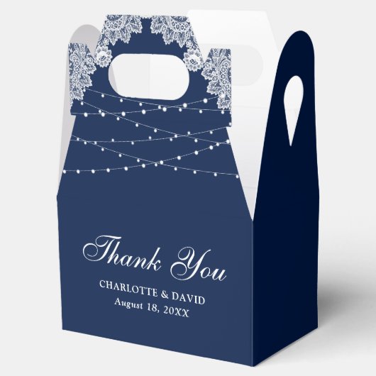 Elegante rustieke marine blauwe kant lampjes bruil bedankdoosjes (Geopend)