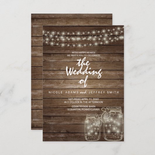 Elegante rustieke Mason Jar Lights bruiloft Kaart (Voorkant / Achterkant)