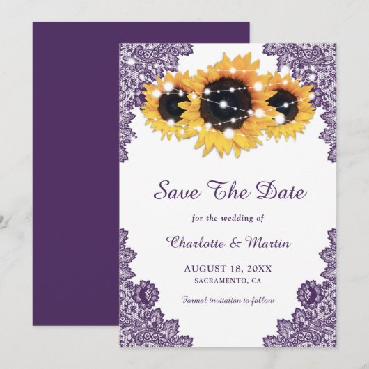 Elegante rustieke Paarse zonnebloem bruiloft Save The Date (Voorkant / Achterkant)