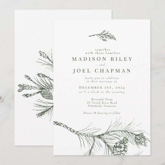 Elegante rustieke Pine Branch bruiloft uitnodiging (Voorkant / Achterkant)