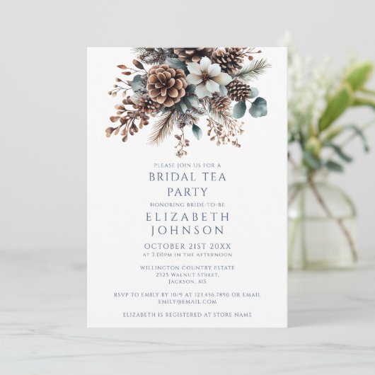 Elegante rustieke Pinecone Bloemen Bruids Tea Part Kaart (Staand voorkant)