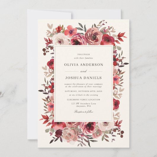 Elegante rustieke rode bloemen herfst bruiloft kaart (Voorkant)