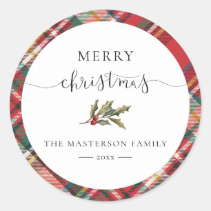 Elegante Rustieke Rode Geruite Kerstmis Ronde Sticker