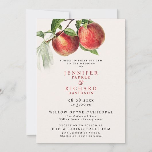 Elegante rustieke rode perzik vruchten botanische kaart (Voorkant)