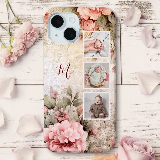 Elegante rustieke  Rozen, 3-foto's & Monogram Case-Mate iPhone Case