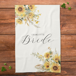 Elegante Rustieke Waterverf Zonnebloem Bloem Bruid Theedoek