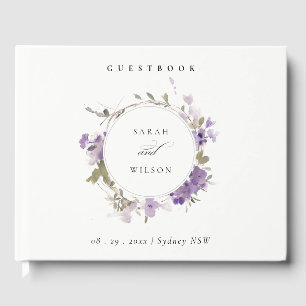 Elegante rustieke weide Lila bloemenkrans bruiloft Gastenboek