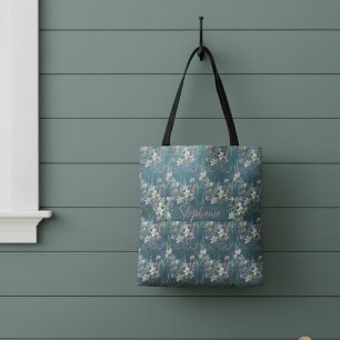 Elegante rustieke wilde bloemen op Blauwgroen hout Draagtas
