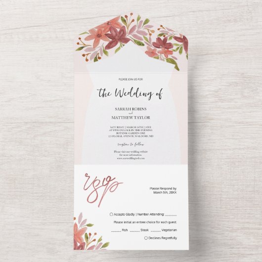 Elegante rustieke wilde bloemen Terracotta Blush All In One Uitnodiging (Binnen)