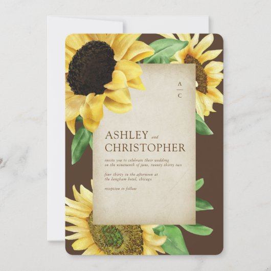 Elegante rustieke zonnebloem bruin alles-in-één br kaart (Voorkant)