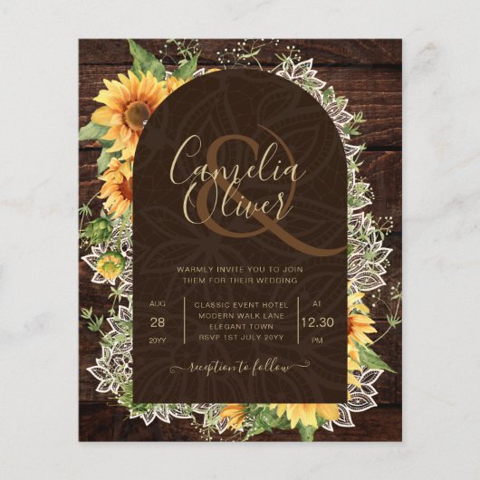Elegante rustieke zonnebloemen en kant bruiloft ui flyer (Voorkant)