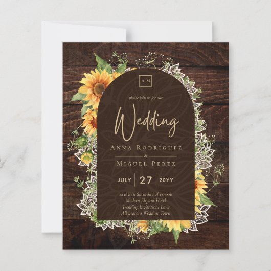 Elegante rustieke zonnebloemen en kant trouwuitnod (Voorkant)