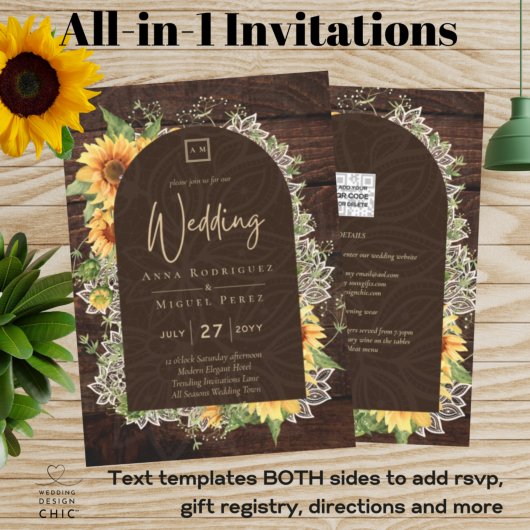 Elegante rustieke zonnebloemen en kant trouwuitnod