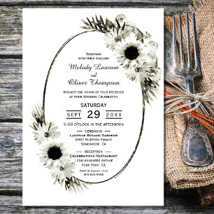 Elegante Rustieke Zwarte en Witte Bloemen Bruiloft Kaart