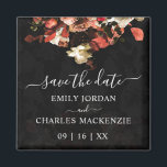 Elégante Rustique Automne Fleurs Mariage Enregistr<br><div class="desc">Elégant Rustique Fleurs D'Automne Mariage Enregistrer La Date Carré Magnet. Le design artistique de l'aimant présente une élégante image stylisée de fleurs d'automne rustiques. Le bouquet de fleurs d'automne est présenté à l'envers et posé sur un subtil arrière - plan de fleurs noires texturées avec des touches de couleur. Idéal...</div>