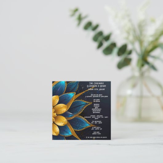 Elegante saffier en gouden bloemenbruiloft informatiekaartje (Staand voorkant)