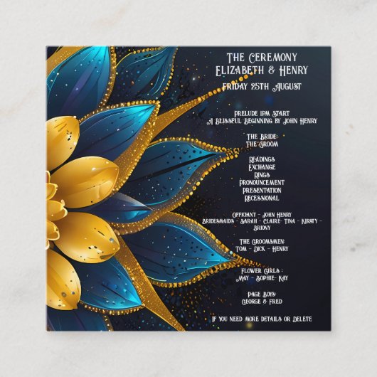 Elegante saffier en gouden bloemenbruiloft informatiekaartje (Voorkant)