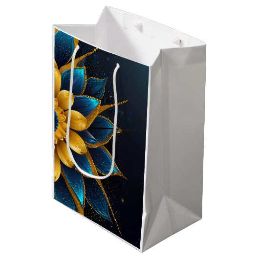 Elegante saffier en gouden bloemenbruiloft medium cadeauzakje (Voorkant Gekanteld)