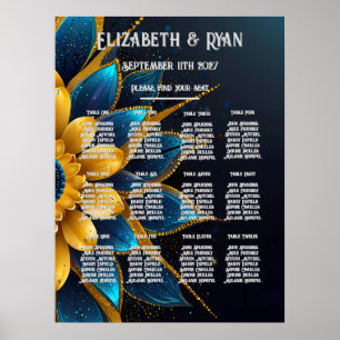 Elegante saffier en gouden bloemenbruiloft poster