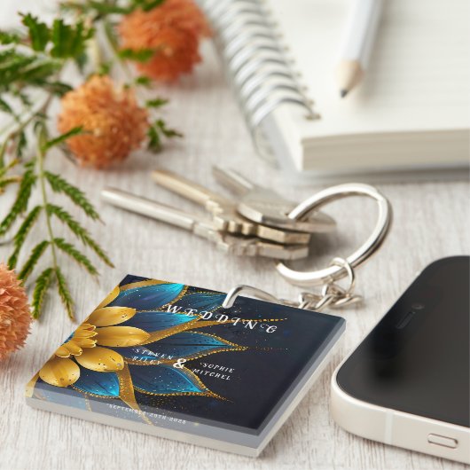 Elegante saffier en gouden bloemenbruiloft sleutelhanger (Voorkant Rechts)