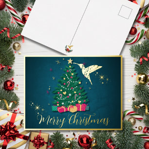 Elegante Saffier Kolibrie & Kerstboom Folie Feestdagen Briefkaart
