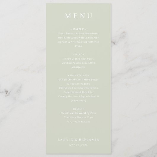 Elegante Sage Bruiloftsmenu Menu (Voorkant)
