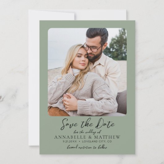 Elegante Sage foto bruiloft Save The Date (Voorkant)