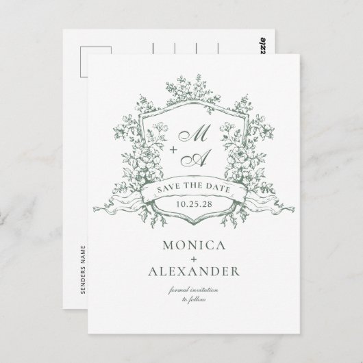 Elegante Sage Franse Tuin Bruiloft Save the Date Briefkaart (Voorkant / Achterkant)