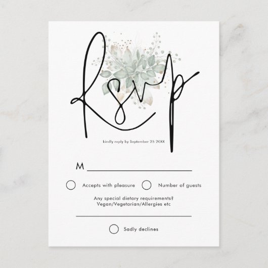 Elegante Sage gebladerte Zwart Script Wedding RSVP Uitnodiging Briefkaart (Voorkant)