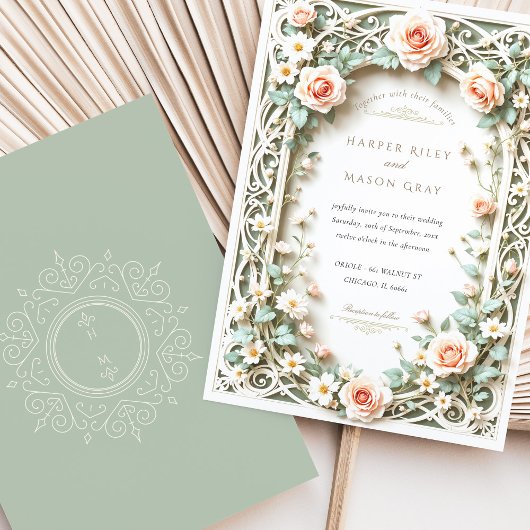 Elegante Sage Green Blush Roos huwelijksuitnodigin Kaart