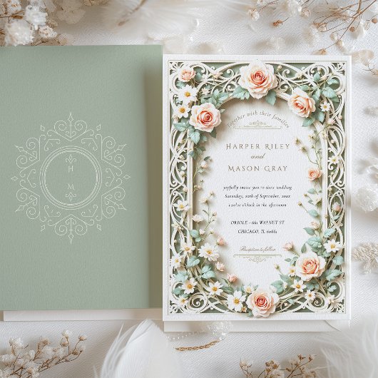 Elegante Sage Green Blush Roos huwelijksuitnodigin Kaart