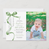 Elegante Sage Green Bow & Rozenkrans Fotodoop Kaart (Voorkant)