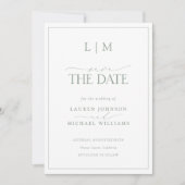 Elegante Sage Green Classy Monogram Fotobruiloft Save The Date (Voorkant)