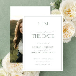 Elegante Sage Green Classy Monogram Fotobruiloft Save The Date