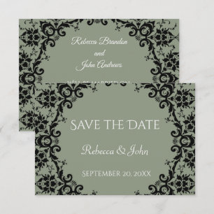 Elegante Sage Green Damask Floral Wedding Save The Date