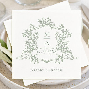 Elegante Sage Green Floral Crest Monograms Huwelij Servet