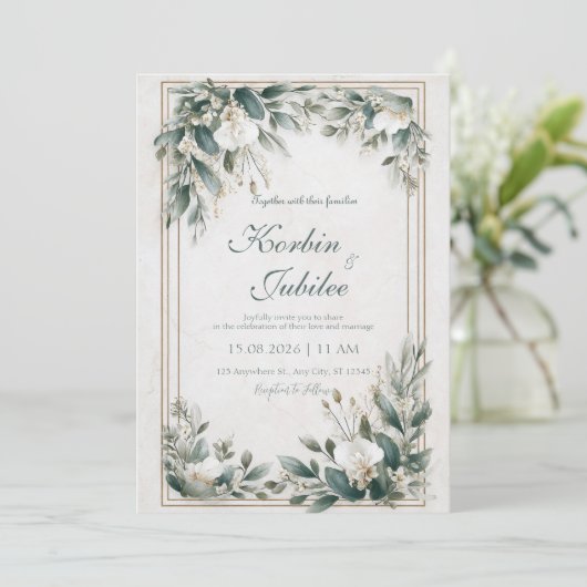 Elegante Sage Green Floral Lijst bruiloft Kaart (Staand voorkant)