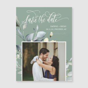 Elegante Sage Green Leaves Save the Date Magnet